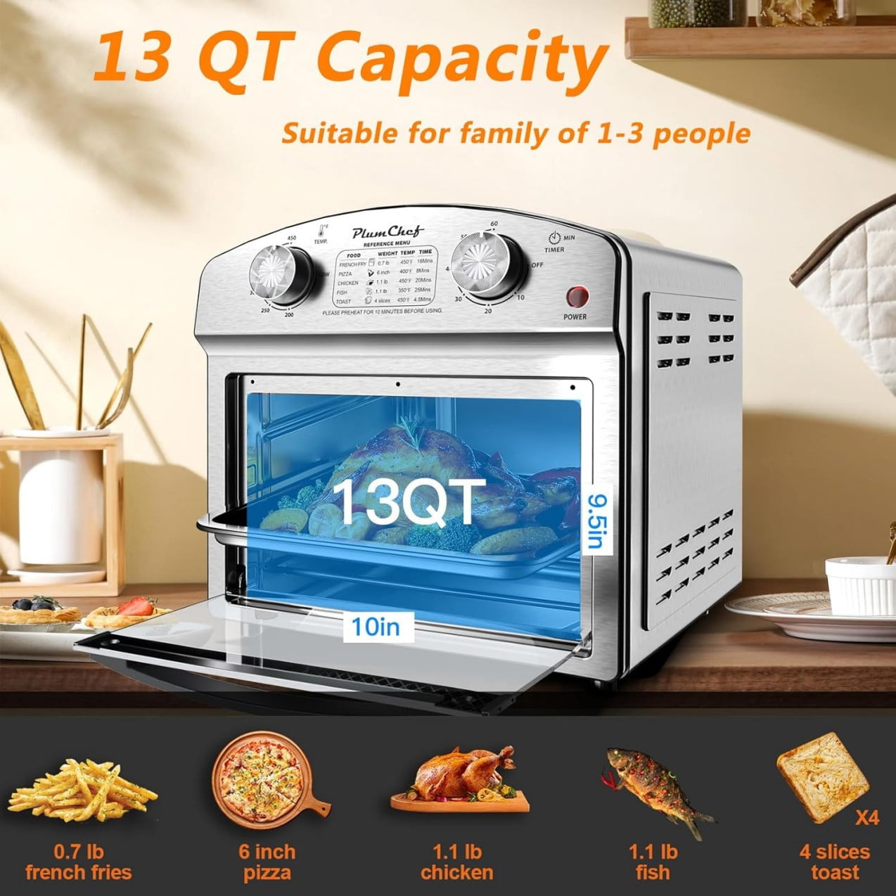 Plum Chef 13QT Air Fryer Toaster Oven Combo, Compact Stainless Steel Countertop Oven for 1-3 People, 1500W with Oil-Free Cooking, Easy to Clean, Space Saving, Sliver