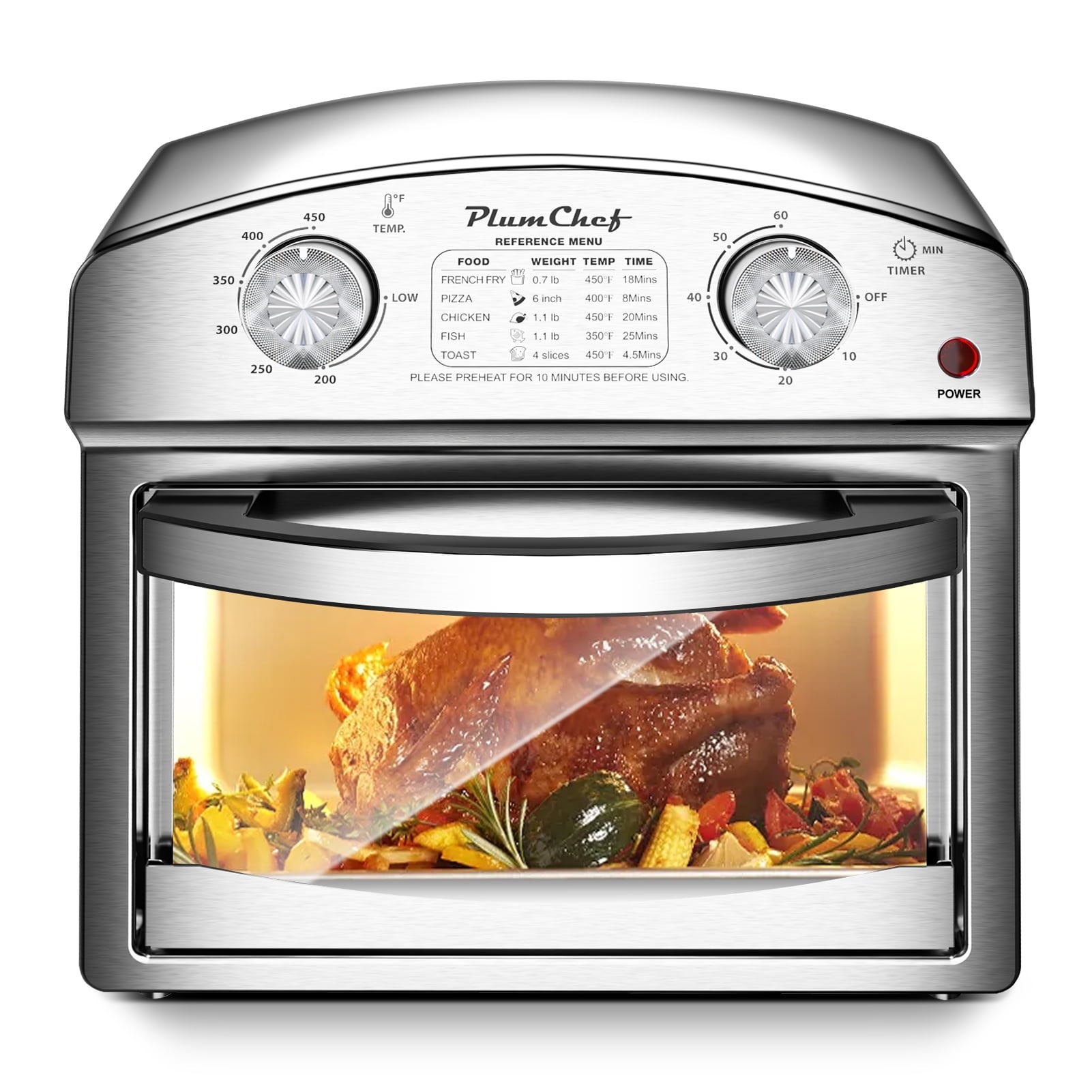 Plum Chef 13QT Air Fryer Toaster Oven Combo, Compact Stainless Steel Countertop Oven for 1-3 People, 1500W with Oil-Free Cooking, Easy to Clean, Space Saving, Sliver