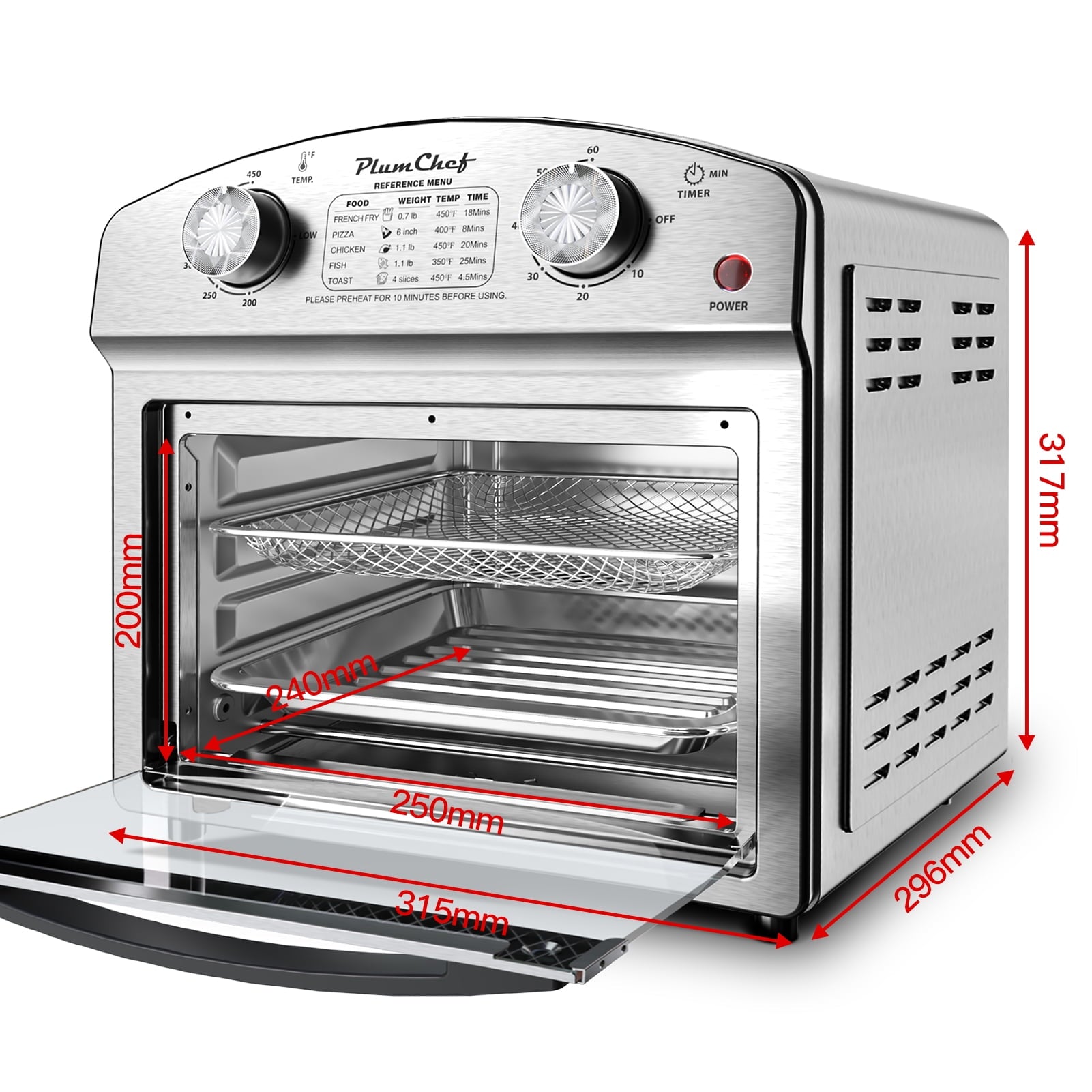 Plum Chef 13QT Air Fryer Toaster Oven Combo, Compact Stainless Steel Countertop Oven for 1-3 People, 1500W with Oil-Free Cooking, Easy to Clean, Space Saving, Sliver