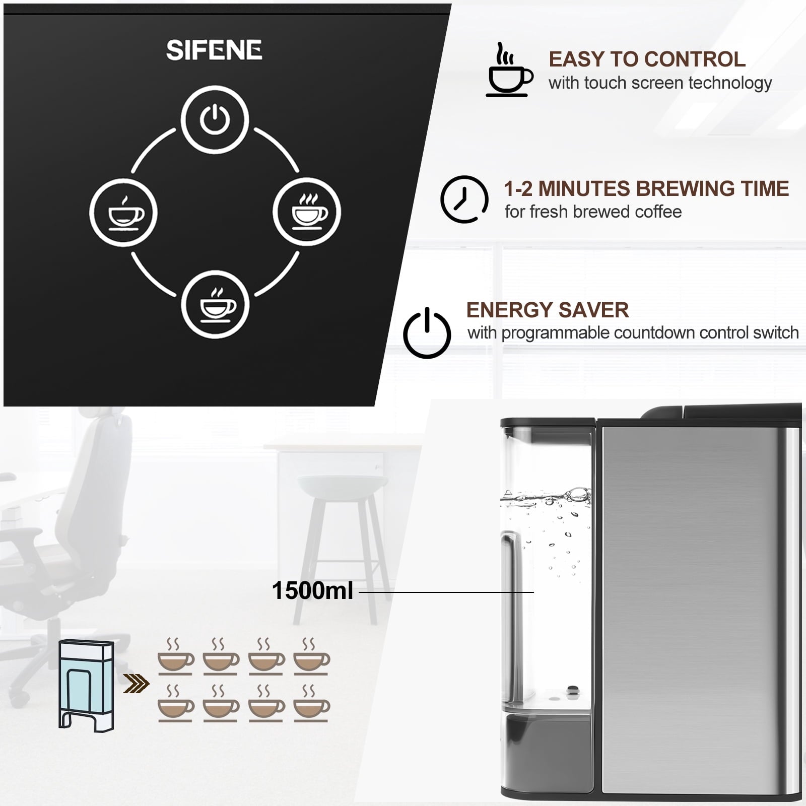 SIFENE 3-in-1 Single Serve Coffee Maker, Compatible with K Cup Capsules & Grounds, Tea Maker, 6-10 Oz Brew Sizes, 50 Oz Removable Reservoir, Fast Brew, Compact Design, 120V 1150W, Black