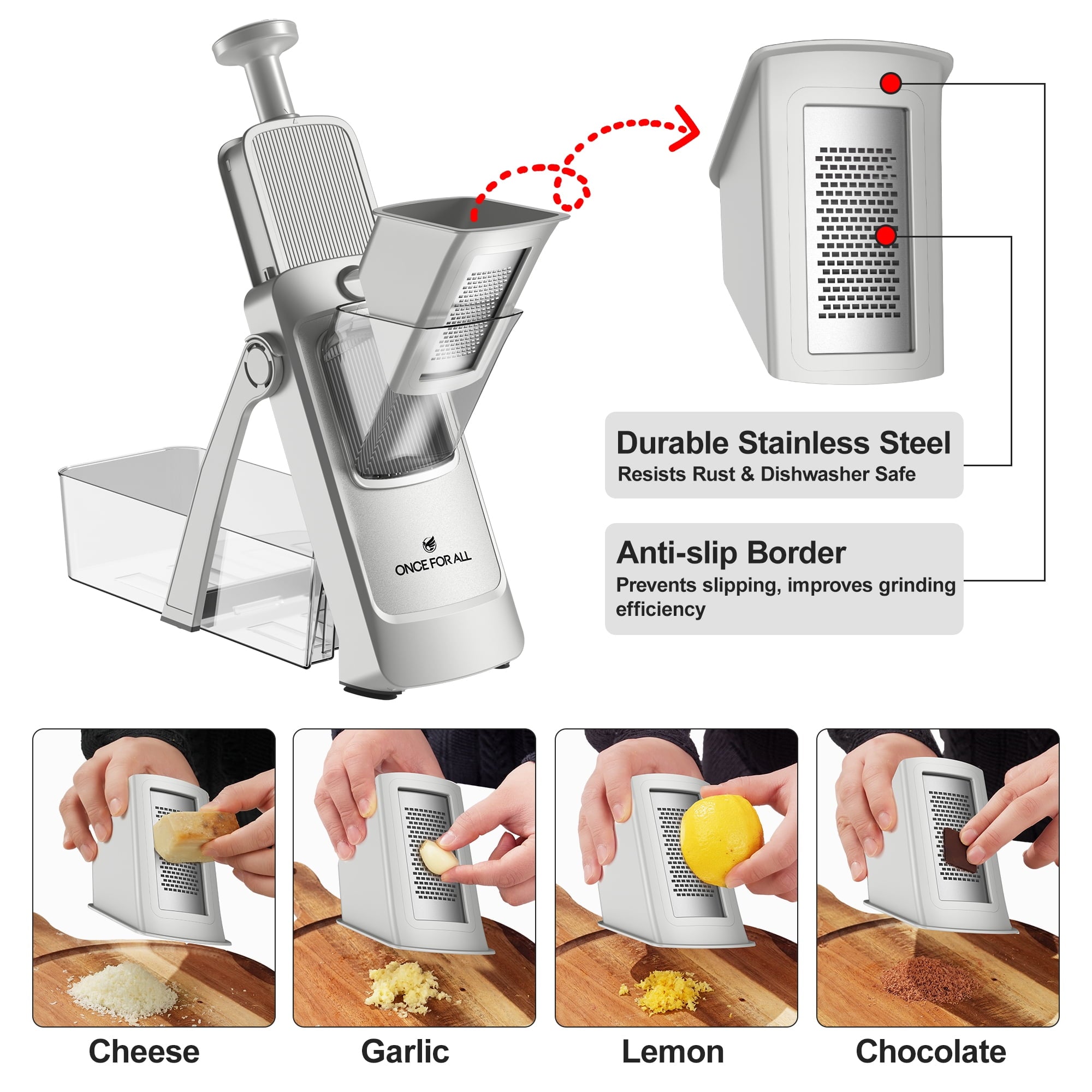 ONCE FOR ALL 5-in-1 Vegetable Slicer with Container - Adjustable Mandoline Chopper, Slicer, Dicer, Grater for Kitchen, Stainless Steel with 0.1-8mm Thickness & Dishwasher Safe Food Prep Tool