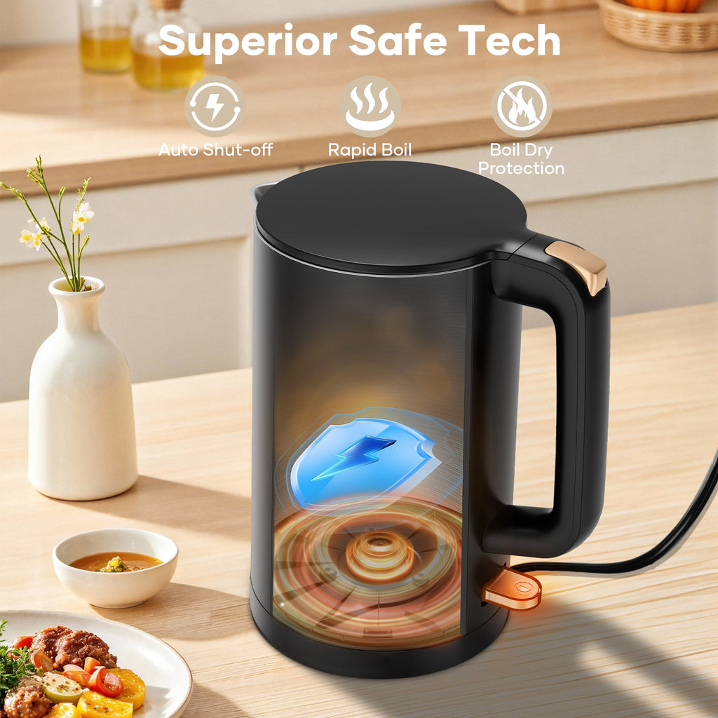 Consiwa Electric Kettle, Double Wall 1.7L Stainless Steel Cool Touch, Water Boiler & Heater, 1500W Hot Tea Pot, Black