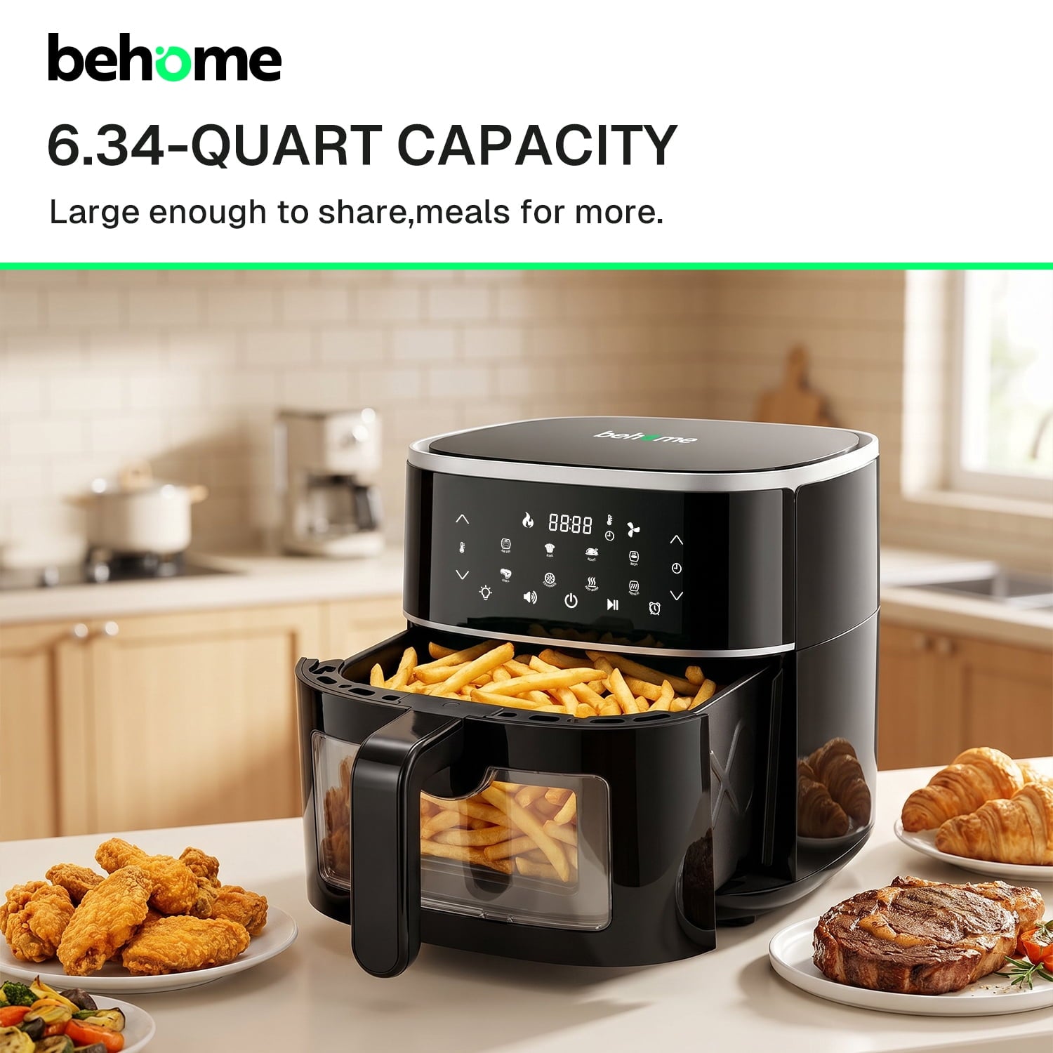 Behome 6QT Air Fryer, 8-in-1 Compact Airfryer for Roast, Broil, Dehydrate,Quick& Easy Meals,Visible Window,Black