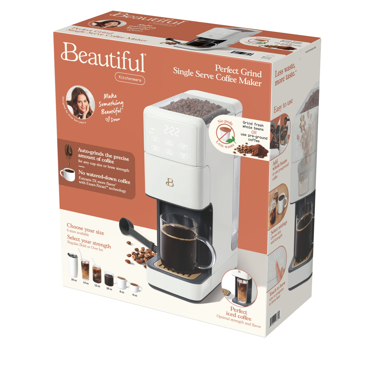 Beautiful Perfect Grind™ Programmable Single Serve Coffee Maker with Build-In Grinder, White Icing by Drew Barrymore