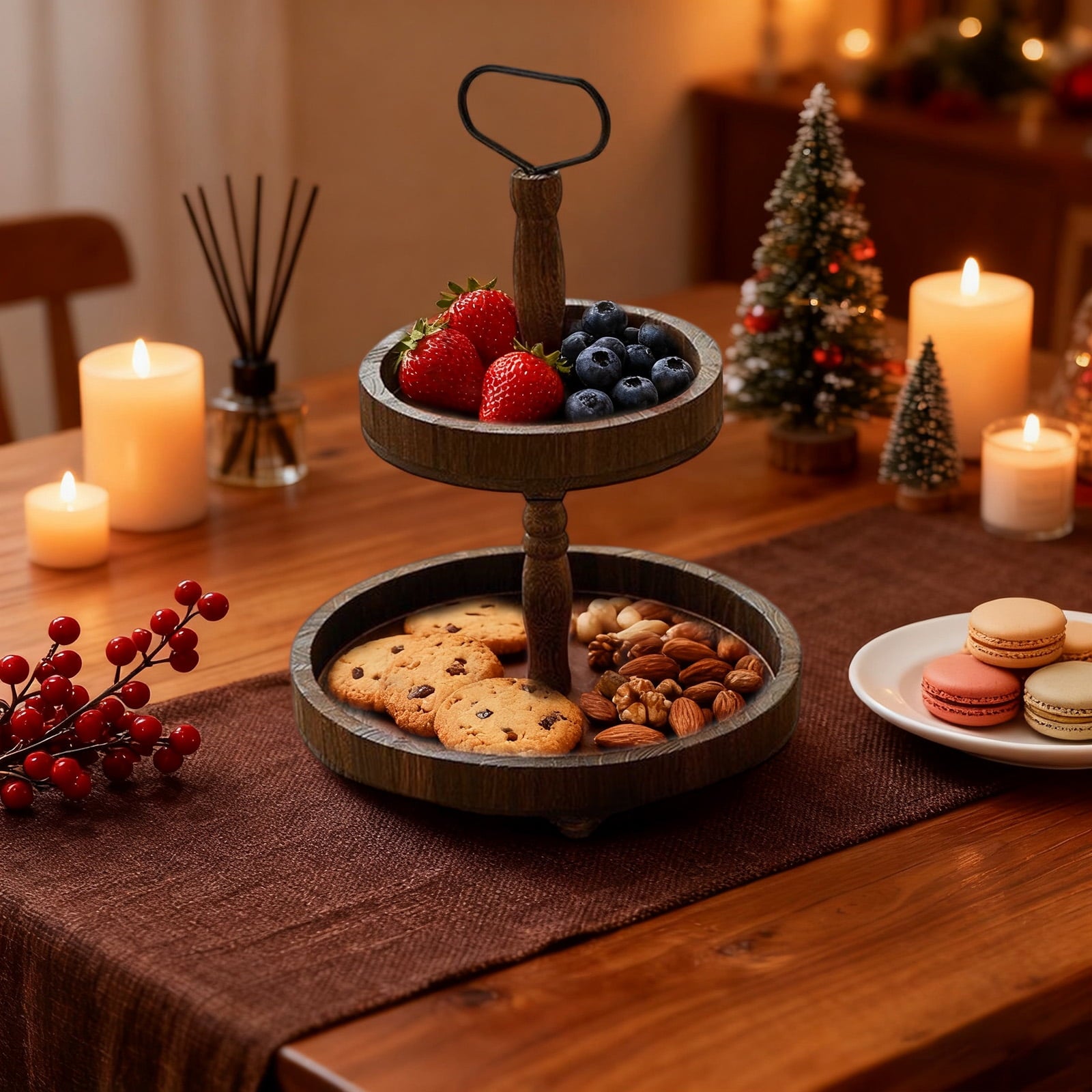 Double Tier Wooden Tray Stand, Rustic Decorative Serving & Display Tray, Seasonal Holiday Tiered Organizer For Home Kitchen Living Room Entryway