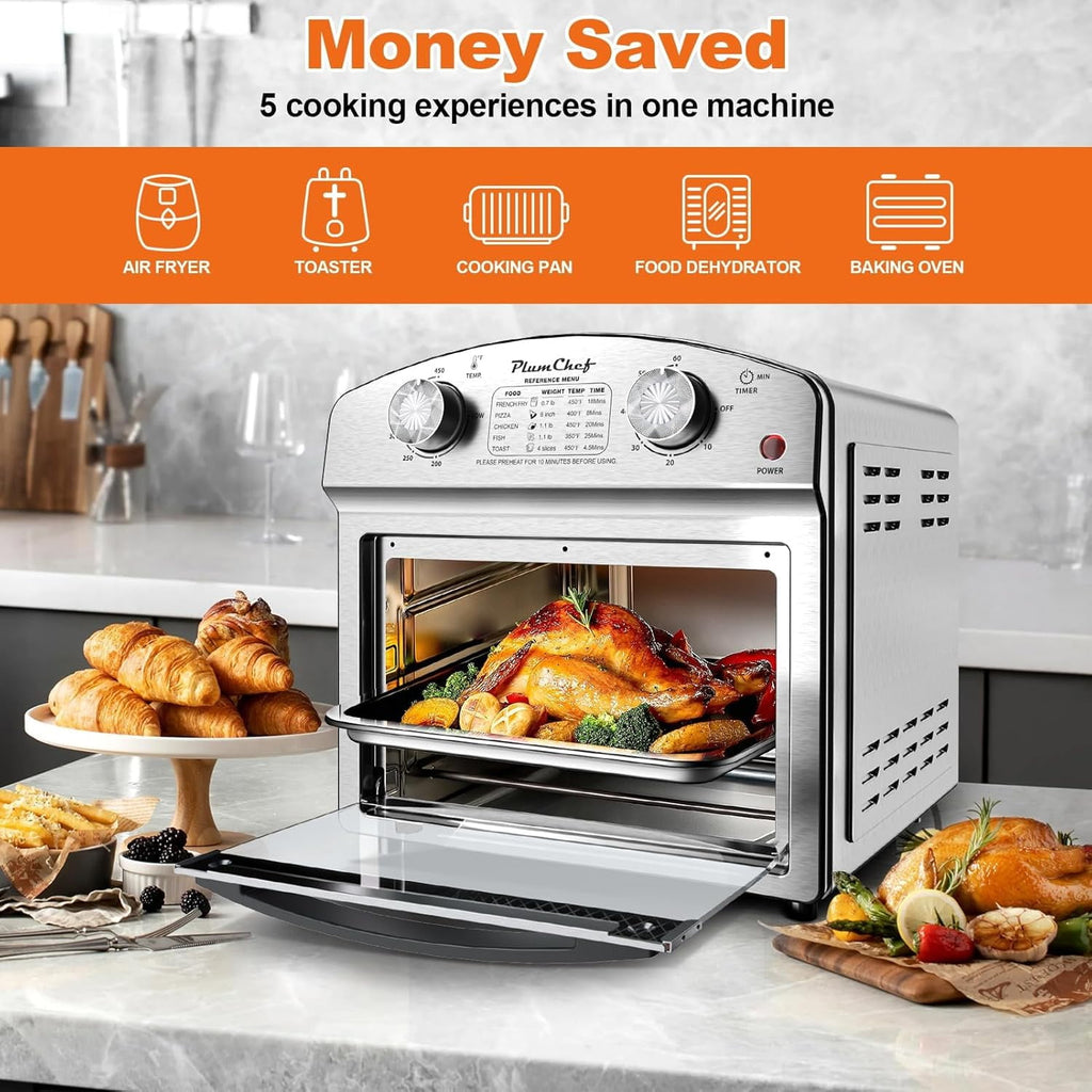 Plum Chef 13QT Air Fryer Toaster Oven Combo, Compact Stainless Steel Countertop Oven for 1-3 People, 1500W with Oil-Free Cooking, Easy to Clean, Space Saving, Sliver