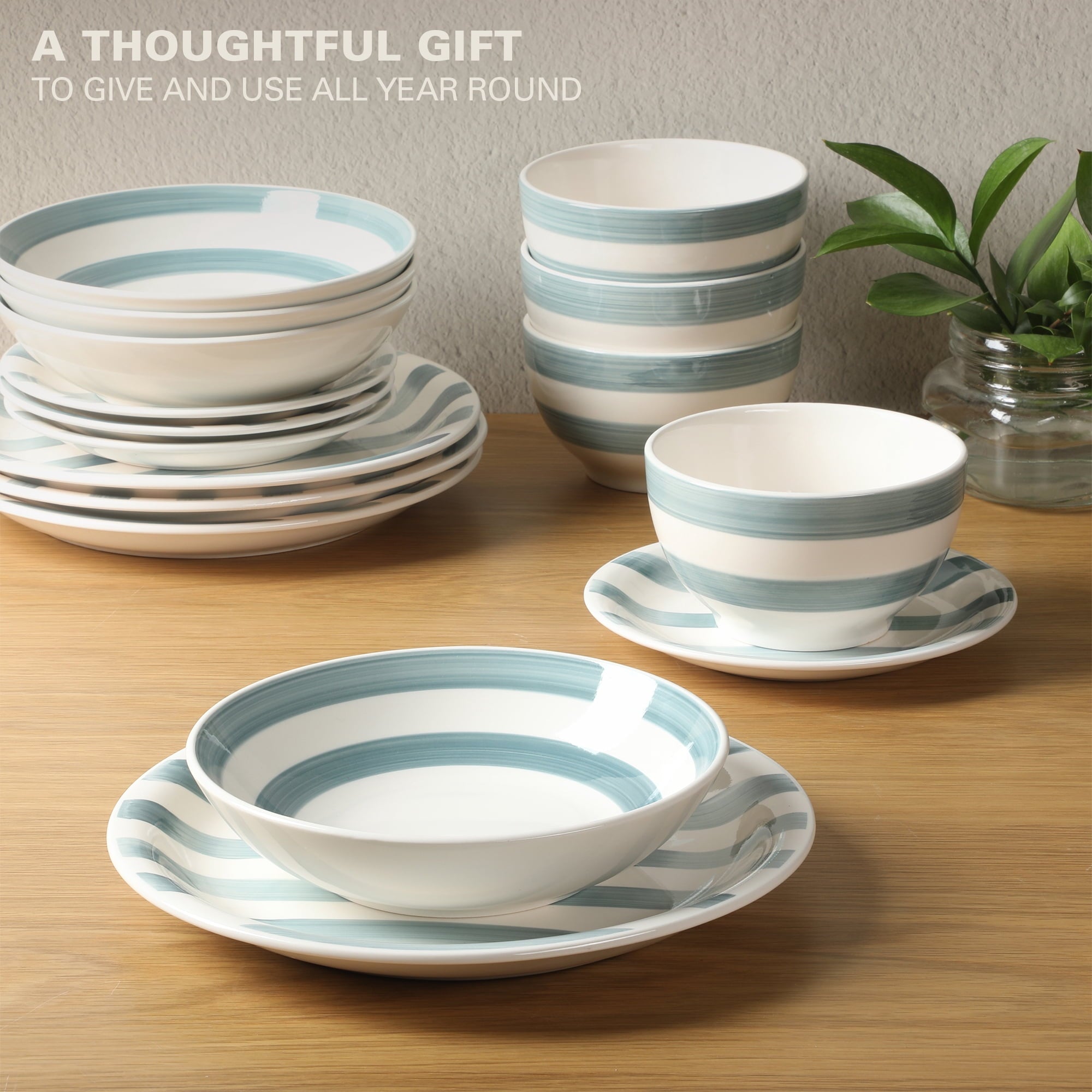 Gibson Home Kenwood Shores 16 Piece Stoneware Dinnerware Set, Hand-Painted Plates and Bowls, Service for 4 - Blue Striped
