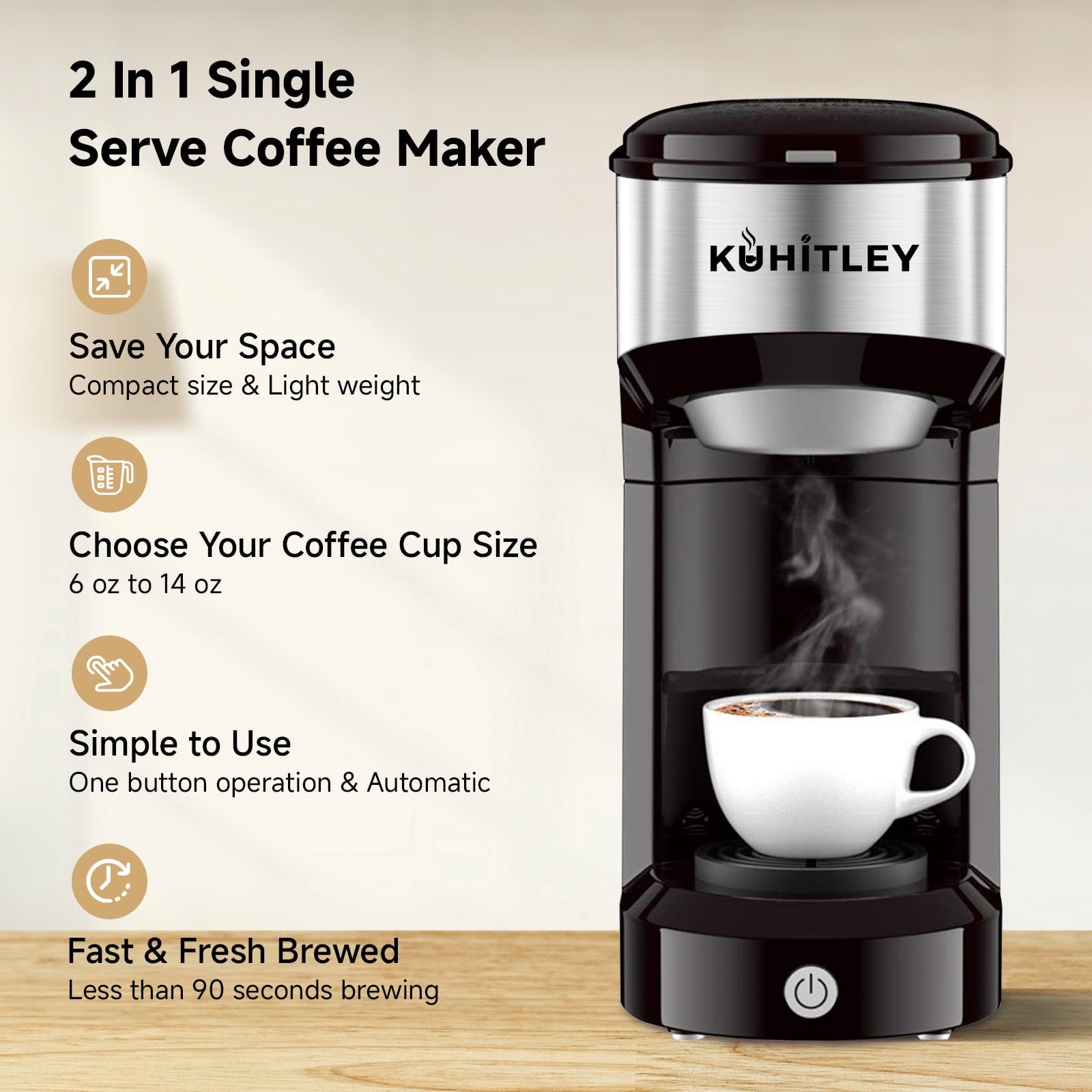 MINI Single Serve Coffee Maker,Instant Coffee Maker One Cup for K Cup & Ground Coffee,Portable Capsule Coffee Machine with 6 to 14oz Reservoir,90 Seconds Fast Brewing and One Button Operation