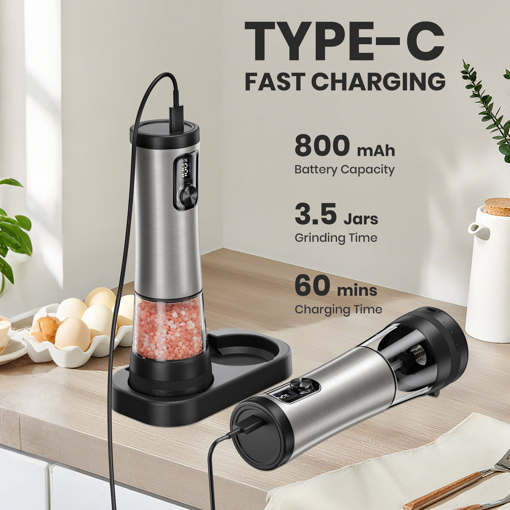 Moreblue Electric Salt and Pepper Grinder Set, Automatic Rechargeable Salt and Pepper Mill with LED Display, Salt Pepper Shaker Electric with 5 Adjustable Coarseness