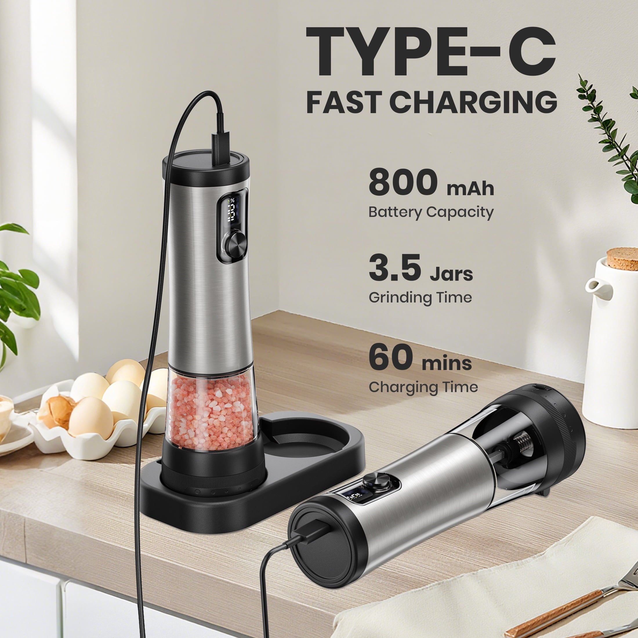 Moreblue Electric Salt and Pepper Grinder Set, Automatic Rechargeable Salt and Pepper Mill with LED Display, Salt Pepper Shaker Electric with 5 Adjustable Coarseness