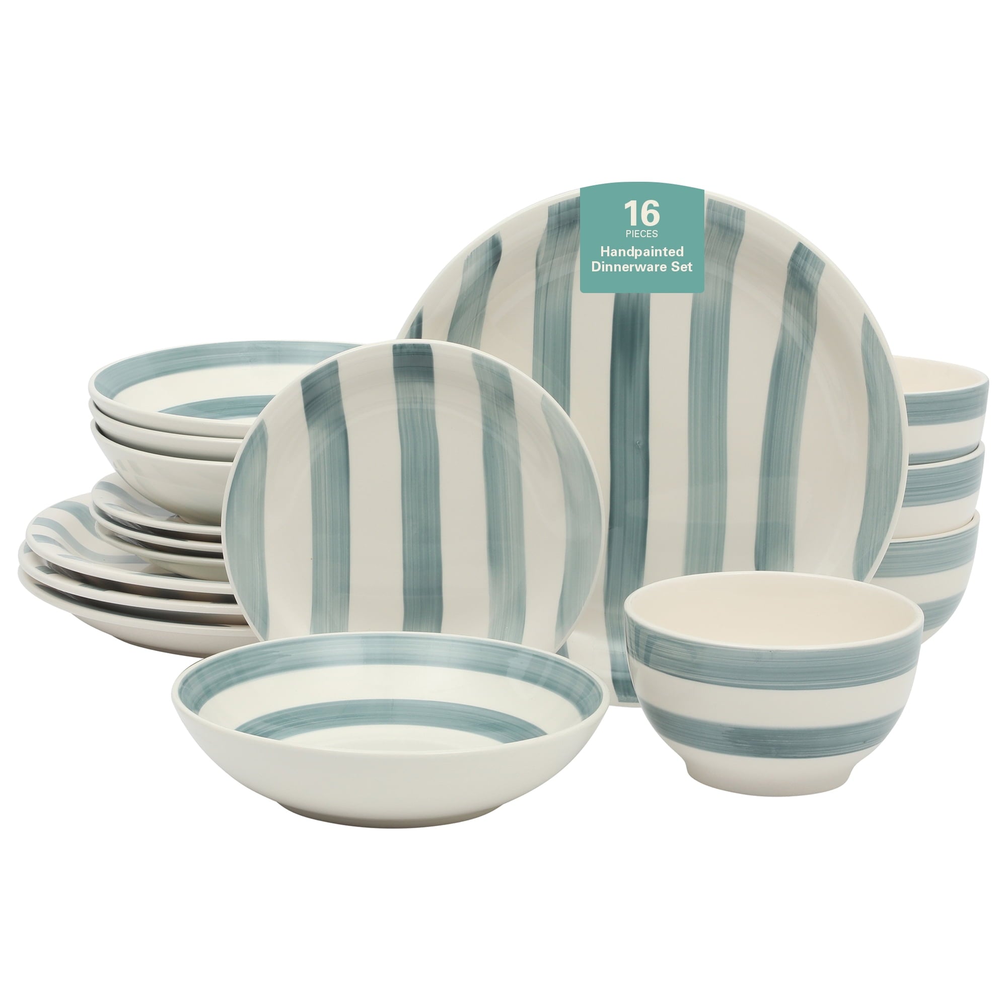 Gibson Home Kenwood Shores 16 Piece Stoneware Dinnerware Set, Hand-Painted Plates and Bowls, Service for 4 - Blue Striped